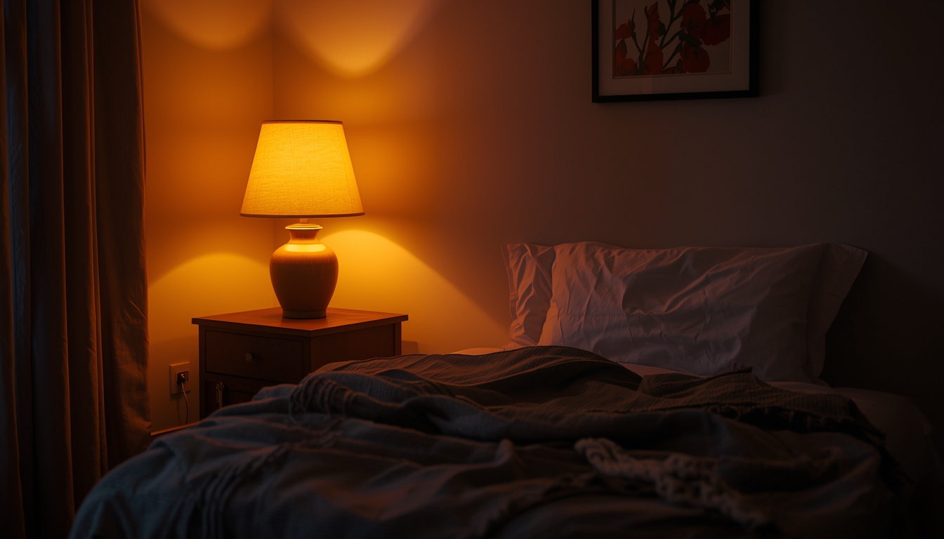 Quiet evening corner with warm lamp and folded throw